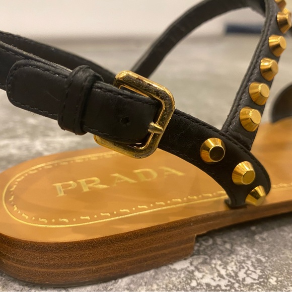 Prada black leather gold studs flats sandals - Picture 5 of 9
